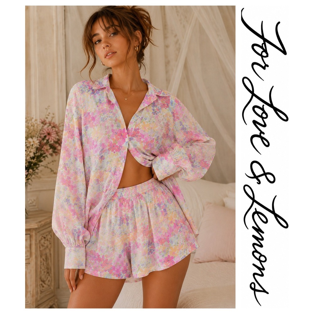 For Love & Lemons Kennedy Poplin Pastel Watercolor Floral Cotton Pajama Shorts L